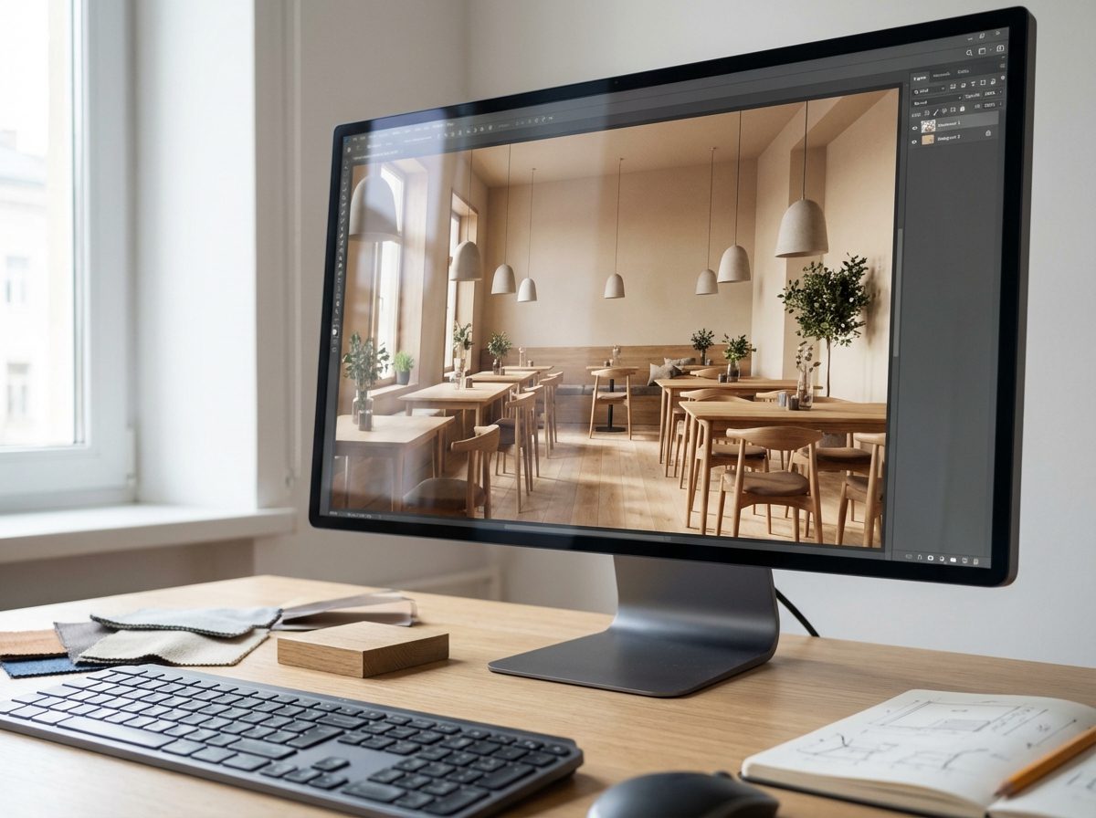 Ravintolan 3D-suunnittelu auttaa vertailemaan vaihtoehtoja etukäteen: pöytäjako, materiaalit ja valaistus ennen hankintoja.