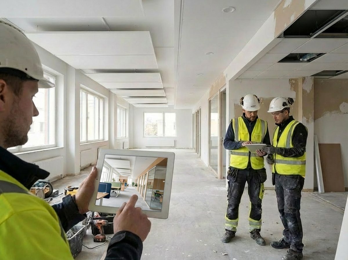 Työmaalla tarkastetaan toimitilan 3D-suunnitelmaa tabletilla – päätökset tehdään ennen toteutusta, ei purkamalla.