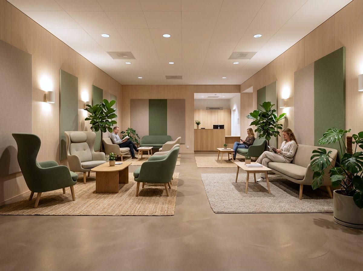 Rauhallinen odotustila, jossa on korkeaselkäisiä tuoleja, sohvia, kasveja ja pehmeitä mattoja traumaa ymmärtävän sisustuksen hengessä.