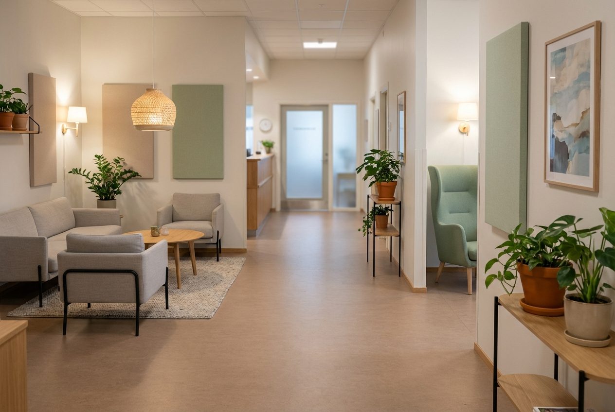 Pieni aulatila, jossa selkeä reitti, erilaisia istumapaikkoja, kasveja ja pehmeitä materiaaleja traumaa ymmärtävän sisustuksen periaatteiden mukaisesti.