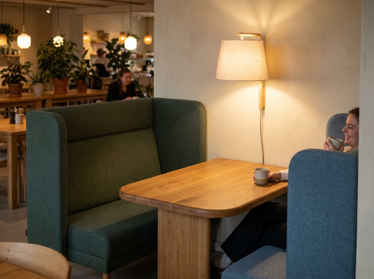 Rauhallinen ravintolan loossi, jossa korkeat selkänojat, puupöytä ja lämmin seinävalaisin.