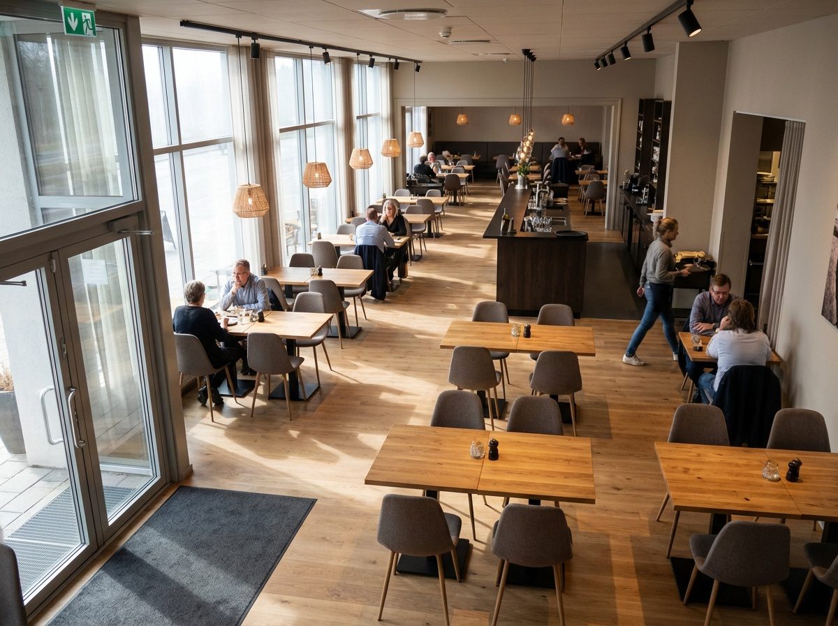 Ylhäältä kuvattu ravintolasali, jossa pöydät ja kulkureitit on suunniteltu selkeää asiakasvirtaa varten.