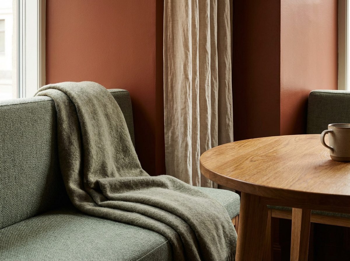 Lähikuva ravintolan tekstiileistä ja pinnoista, joissa näkyy päivitetyt verhoilut, pehmeät sävyt ja lämmin puu.