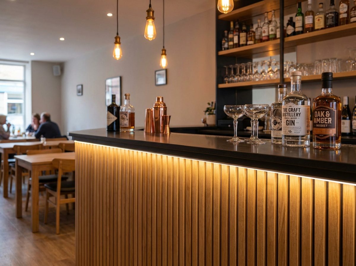 Lämminsävyinen ravintolan baaritiski, jossa on päivitetty etupinta, pehmeä valaistus ja harkittu esillepano.