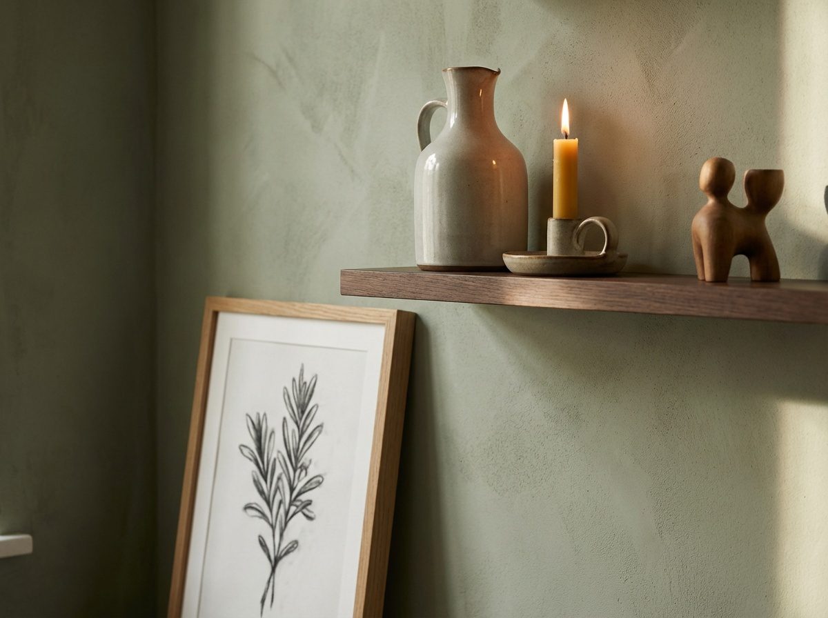 Lähikuva ravintolan seinästä ja hyllystä, joissa on harkittuja brändiä tukevia yksityiskohtia ja taidetta.