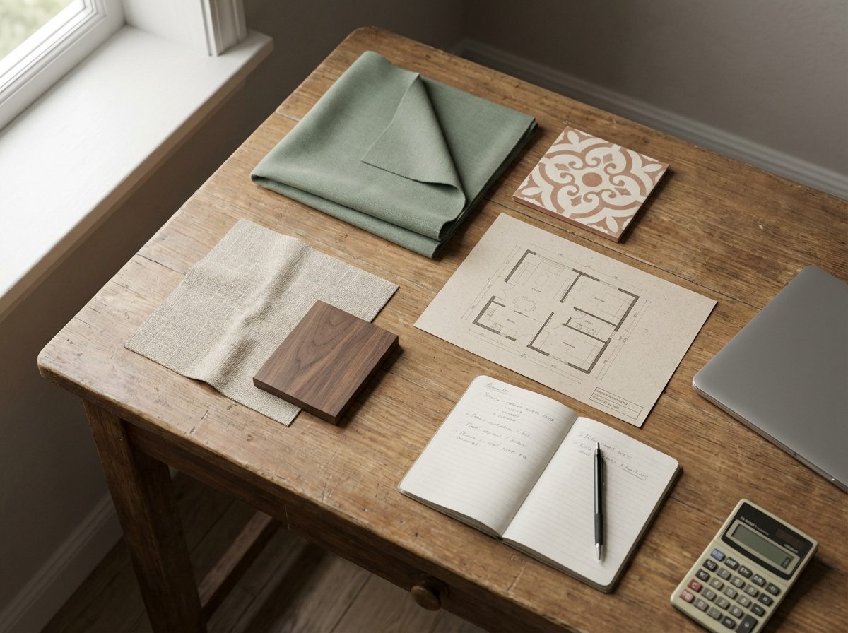 Suunnittelijan työpöytä, jossa ravintolan materiaalinäytteitä, pohjapiirros ja muistiinpanot budjetin suunnittelua varten.