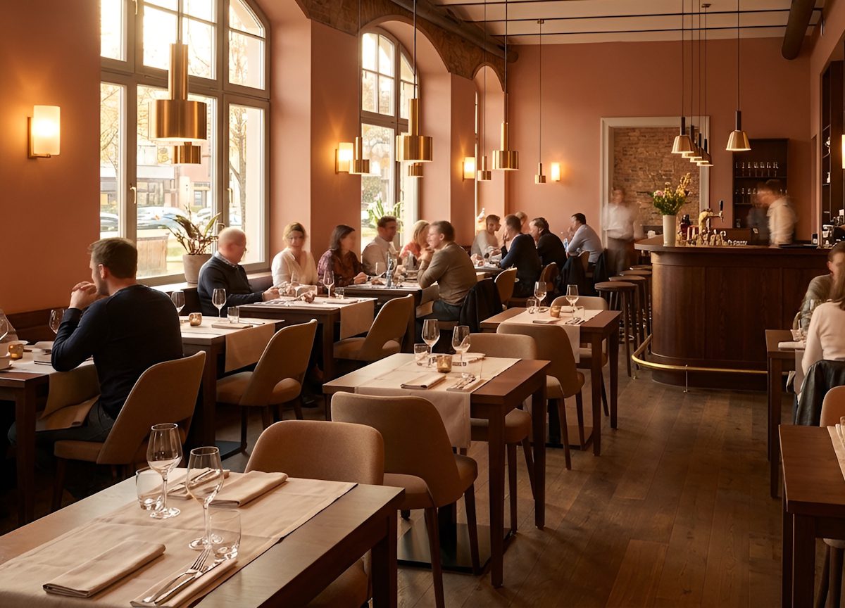 Ravintolasali, jossa kevyt sisustuspäivitys on tuonut tilaan yhtenäisen värimaailman ja rauhallisen tunnelman.