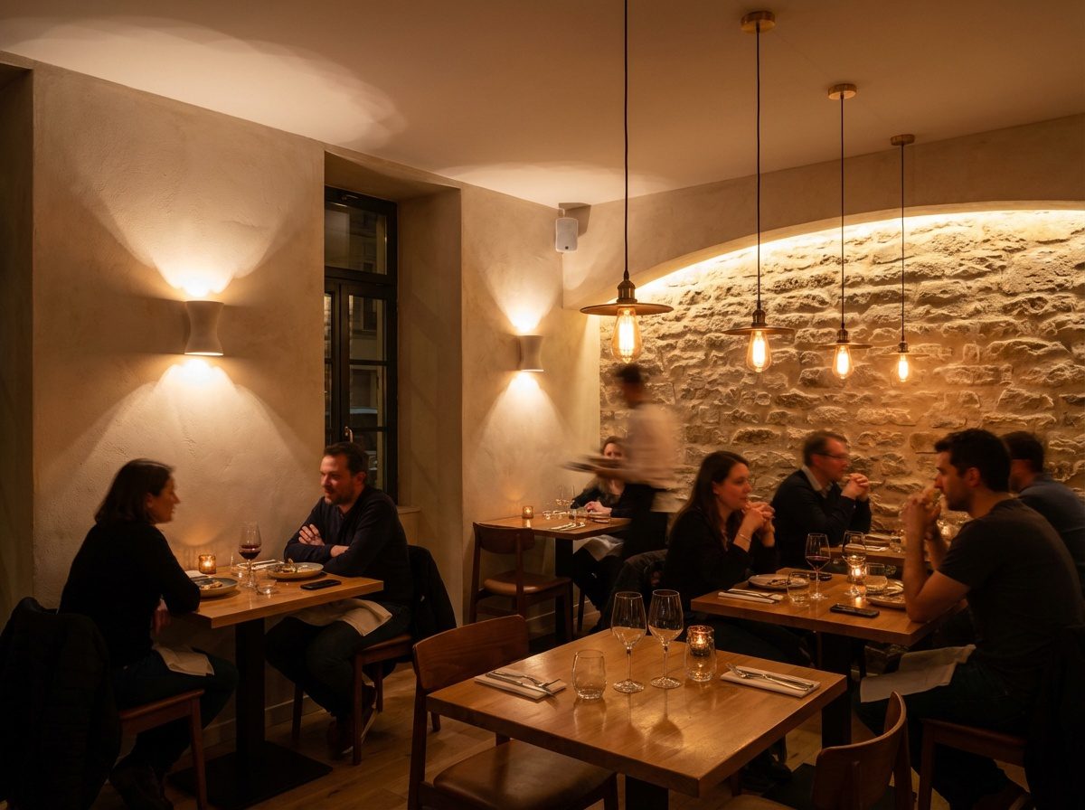 Ravintolasali, jossa kerroksellinen lämminsävyinen valaistus luo tunnelmallisen ja kutsuvan ilmapiirin.