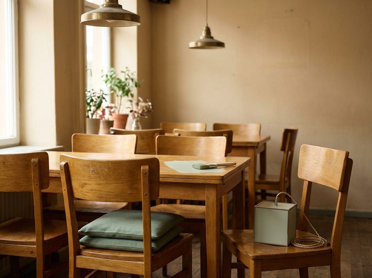 Ravintolan nurkkaus, jossa näkyy hieman vanhentunut sisustus ja viitteitä tulevasta päivityksestä tekstiileissä ja väreissä.