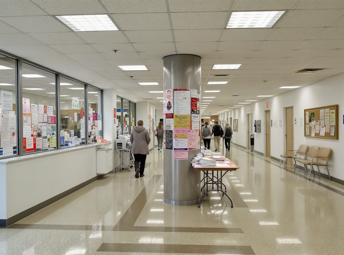 Perinteinen terveysaseman aulatila, jossa kiiltävä lattia, ilmoituksilla täytetty pylväs, esitteillä kuormitettu pöytä, lasiseinän takana vastaanotto sekä käytävällä kulkevia ihmisiä ja seinän vieressä rivi tuoleja.
