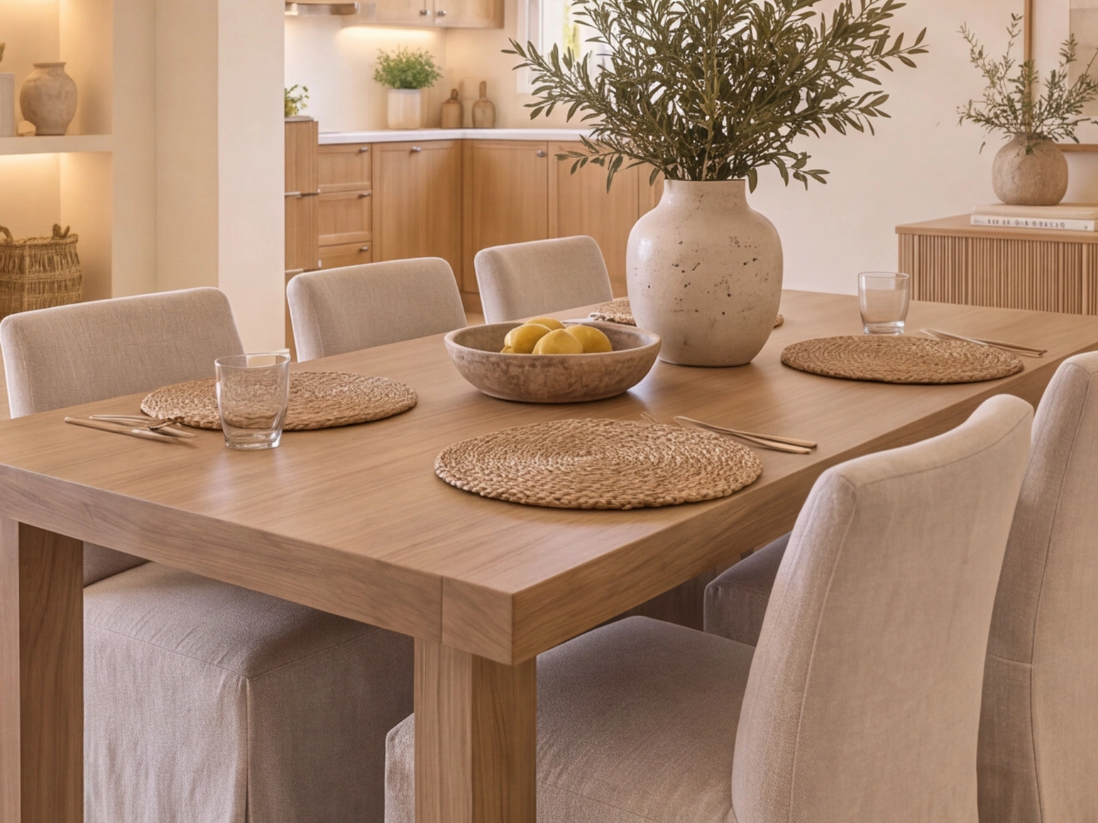 Natural oak dining table in Mediterranean interior