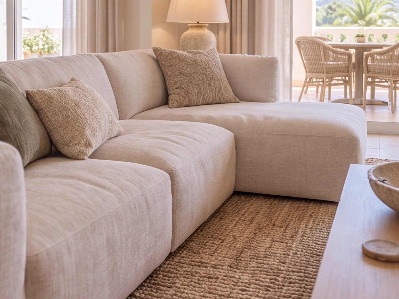 Neutral linen sofa and natural textures in Costa Blanca villa