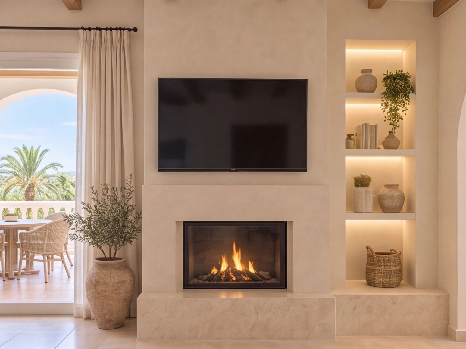 Modern fireplace and illuminated shelving in Costa Blanca villa